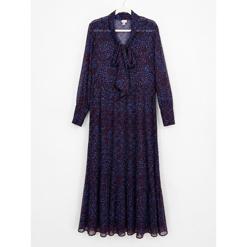 Leopard Pleated Maxi Dress Tie Burgundy Blue L Dark Academia Whimsigoth Career